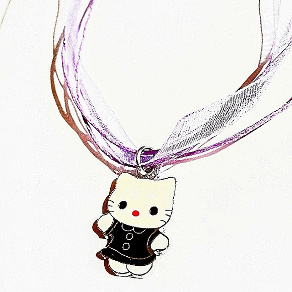 Hello Kitty Charm In Cute Black Dress On A Purple Layered Ribbon Necklace - Picture 7 of 7